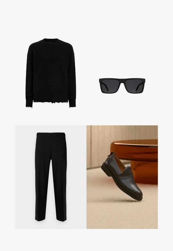 Sort langærmet crewneck sweater med frynsede kanter på ærmer og nederste kant, lavet af et fuzzy strikket stof.; Sorte bukser lavet af glat stof, med lige snit, to forlommer og lynlås med knaplukning.; Sort læderloafer med lav hæl svævende over beige tæppe ved siden af et blankt ravfarvet bord i et minimalistisk rum.; Sorte rektangulære solbriller med tykke stel og mørketonede linser på hvid baggrund.