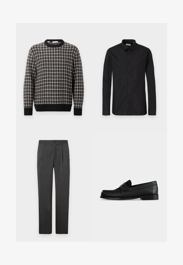 Pull en maille à col rond à motifs à carreaux noir et blanc avec des poignets et un ourlet côtelés, présenté sur un fond clair uni.; Chemise noire à manches longues avec un col classique, fabriquée en tissu lisse, dotée de boutons à l'avant et d'une coupe classique.; Pantalons gris sur mesure avec une coupe droite, dotés d'un pli avant, d'une fermeture éclair et d'un bouton. Texture lisse, design classique.; Mocassin penny en cuir noir avec surface texturée, petit talon et une lanière sur le dessus, présenté de profil sur un fond uni.