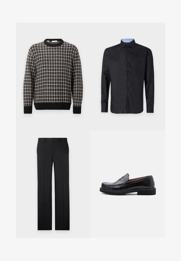 Pull en maille à col rond à motifs à carreaux noir et blanc avec des poignets et un ourlet côtelés, présenté sur un fond clair uni.; Chemise noire à manches longues en tissu lisse, avec un front boutonné, un col pointu et un col intérieur à carreaux bleu clair.; Pantalons noirs ajustés avec une coupe droite, en tissu lisse, avec des plis avant et une fermeture à bouton unique à la taille.; Mocassin penny en cuir noir avec semelle en caoutchouc épaisse et couture moc toe, montré de profil sur un fond blanc.
