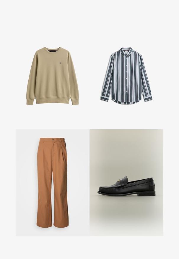 Sweat-shirt beige col rond avec manches longues et petit logo brodé sur le côté gauche de la poitrine.; Chemise à manches longues boutonnée avec des rayures verticales noires, blanches et vertes, et un petit logo sur la poitrine gauche.; Pantalon à jambes larges en tissu marron chaud, avec fermeture à boutons sur le devant, plis subtils et coupe droite pour une tenue décontractée.; Mocassin noir en cuir à enfiler avec petit talon, boucle dorée et nom de marque embossé sur le côté sur fond neutre.