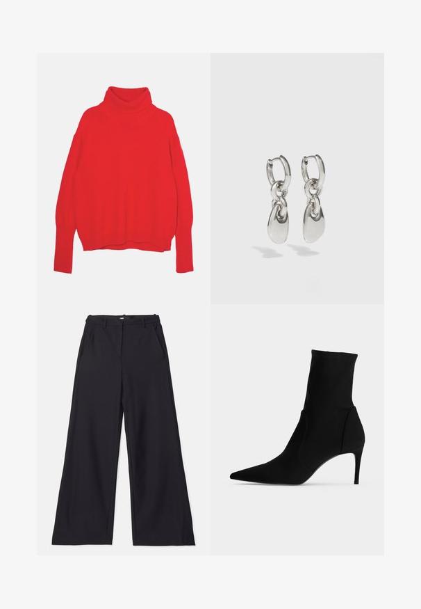 Rød strikket turtle neck trøje med en afslappet pasform, lange ærmer, ribbede manchetter og kant. Glat tekstur og ensfarvet hele vejen igennem.; Maje PIMANO - Bukser - noir; Sort ankelstøvle med spids tå og slank høj hæl, vist i profil på en lys baggrund. Elegant, minimalistisk design.; Sølvøreringe med forlængede ovale led, der har en poleret overflade og en struktureret dråpevedhæng. Enkel design med glatte kanter.
