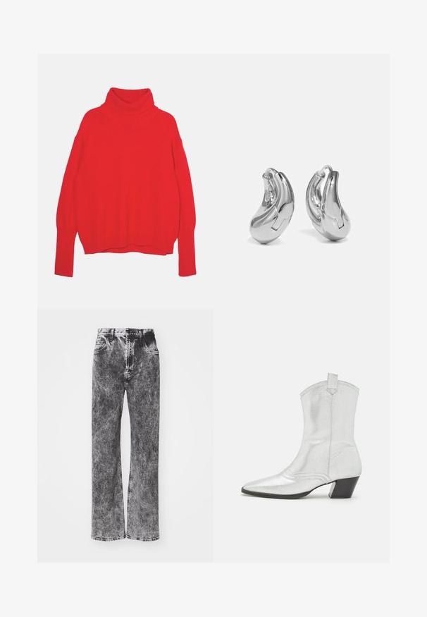 Rød strikket turtle neck trøje med en afslappet pasform, lange ærmer, ribbede manchetter og kant. Glat tekstur og ensfarvet hele vejen igennem.; Højtaljede, vide jeans i en sort og grå fadet vask, med fem lommer og kontrasterende syninger langs kanten.; Castañer DIMBA - Cowboy- / bikerstøvlette - plata; Sølvøreringe med en buet, blank finish og et sømløst design. Har en hængsellukning for sikker bæring.