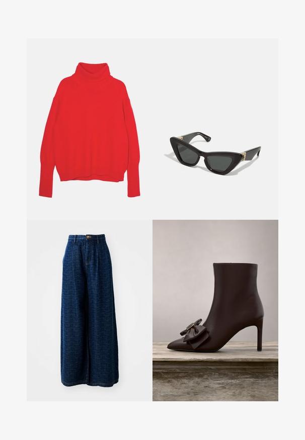 Pull en maille rouge à col montant avec une coupe décontractée, manches longues, poignets et ourlet côtelés. Texture lisse et couleur uniforme.; Pantalons en denim à jambes larges de couleur bleu foncé avec un motif texturé. Présentent une taille haute, une fermeture à bouton et un ajustement ample et fluide.; Bottine en cuir noir avec un bout pointu, un talon aiguille et un grand nœud accentué au niveau de la cheville, reposant sur une surface en bois.; Des lunettes de soleil en œil de chat avec des montures en plastique noir et des verres sombres. Elles comportent des accents en métal doré au niveau des tempes. Texture lisse.