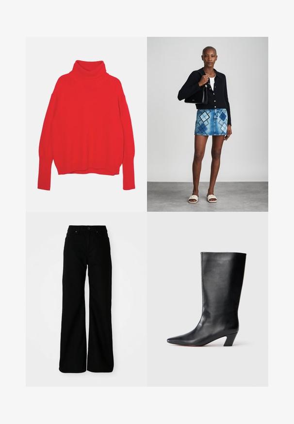 Rød strikket turtle neck trøje med en afslappet pasform, lange ærmer, ribbede manchetter og kant. Glat tekstur og ensfarvet hele vejen igennem.; Sorte vide bukser lavet af denimstof. Har en tætsiddende talje, frontlommer og en knaplukning. Glat tekstur med minimal detaljering.; Knæhøje sorte læderstøvler med spidse tæer, vinklede blokhæle og glat overflade. Minimalistisk design uden synlige dekorationer.; Sort striktrøje, hvid top, denimnederdel med blå og sort diamantmønster, sort håndtaske og beige slidesandaler.
