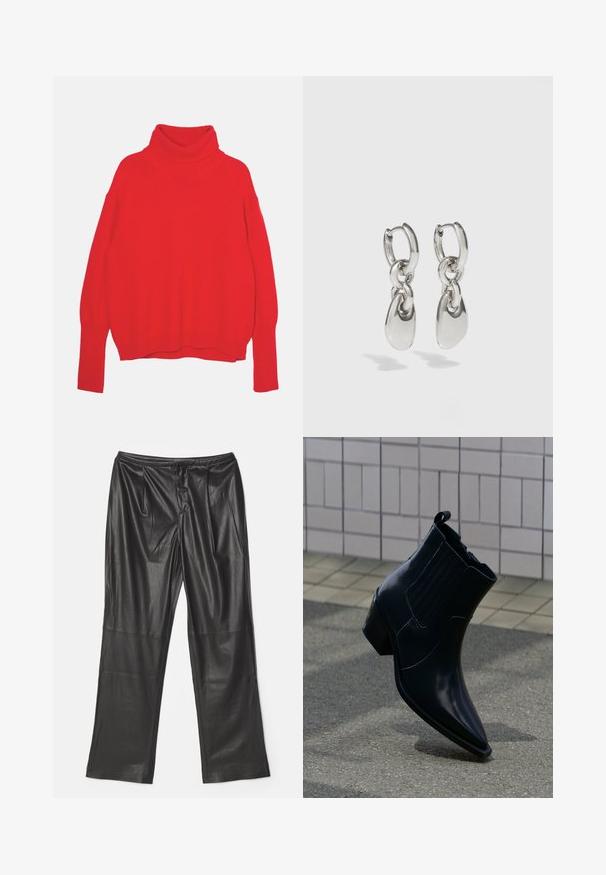 Rød strikket turtle neck trøje med en afslappet pasform, lange ærmer, ribbede manchetter og kant. Glat tekstur og ensfarvet hele vejen igennem.; Proenza Schouler White Label STRAIGHT LEG PANTS - Bukser - black; Skinnende sort læderankelstøvle med blokhæl, elastiske sidepaneler og trækflig, placeret opret på tekstureret fortov nær flisebelagt væg.; Sølvøreringe med forlængede ovale led, der har en poleret overflade og en struktureret dråpevedhæng. Enkel design med glatte kanter.