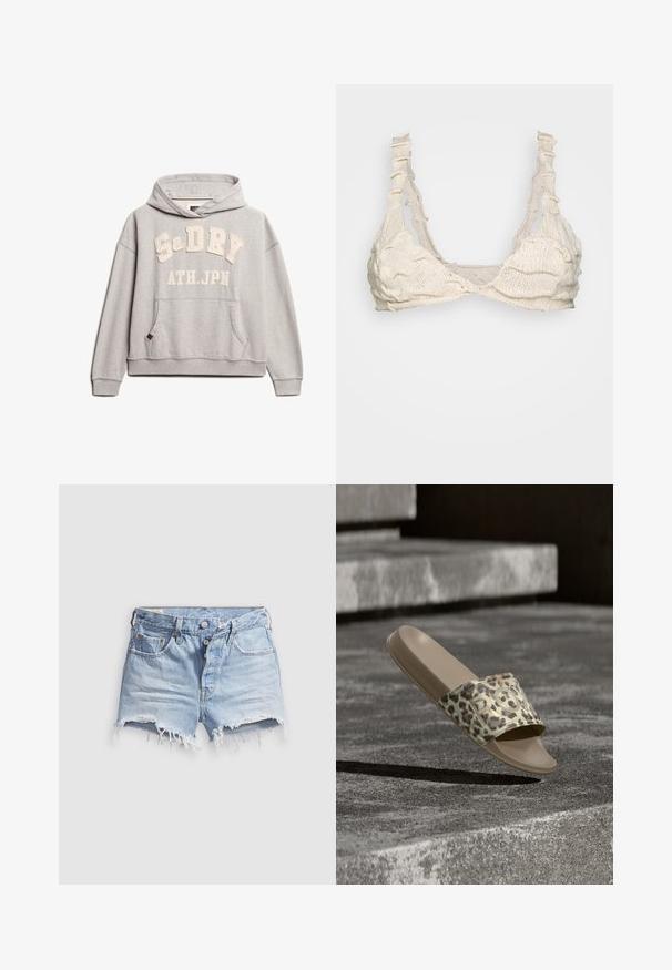 Superdry & Co ATHLETIC ESSENTIALS - Hættetrøje - grey marl; BLOKE FULL FASHIONED - Top - off white; Lyseblå denim shorts med afklippede ben og frynser, fem lommer og knaplukning. Stoffet er blødt med et let slidt udseende.; Enkelt beige slides sandal med leopardprint rem med det forhøjede ord "ROXY," vist over en struktureret betonoverflade.