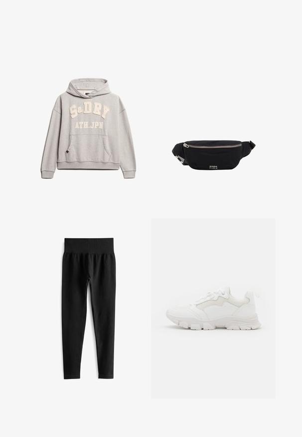 Superdry & Co ATHLETIC ESSENTIALS - Hoodie - grey marl; Zwarte geribde leggings met een brede elastische tailleband, met een aansluitende pasvorm en een gladde textuur. Geen zichtbare hardware of patronen.; NA-KD CONTRAST SOLE TREKKING - Sneakers laag - white; Zwarte stoffen heuptas met zilveren rits en verstelbare band, voorzien van klein wit "Bimba y Lola"-logo aan de voorkant.