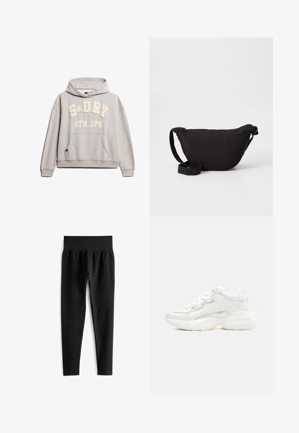 Superdry & Co ATHLETIC ESSENTIALS - Hættetrøje - grey marl; Sorte ribbede leggings med en bred elastisk talje, der har en tætsiddende silhuet og en glat tekstur. Ingen synlig hardware eller mønstre.; Hvid chunky sneaker med tyk sål, snørelukning foran og glat syntetisk overdel med subtile syningsdetaljer.; Sort hobo taske lavet af blødt stof, med en buet form, lynlåslukning og en bred justerbar rem. Glat tekstur uden mønstre.