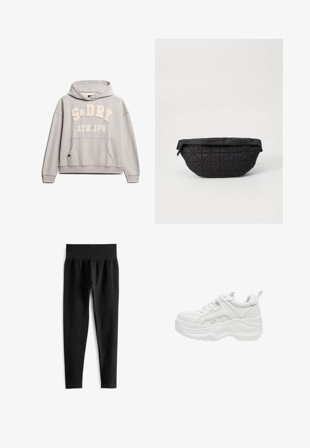 Superdry & Co ATHLETIC ESSENTIALS - Hoodie - grey marl; Zwarte geribde leggings met een brede elastische tailleband, met een aansluitende pasvorm en een gladde textuur. Geen zichtbare hardware of patronen.; Witte chunky sneaker met dikke zool, veters aan de voorkant, gevoerde kraag en trekriem aan de hiel.; Zwarte, gewatteerde tas met een zachte, gewatteerde textuur en een hoekig ruitpatroon, met een gebogen silhouet en ritssluiting.