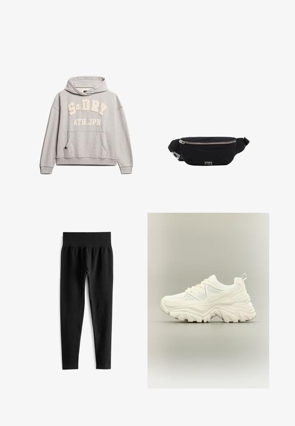 Superdry & Co ATHLETIC ESSENTIALS - Hoodie - grey marl; Zwarte geribde leggings met een brede elastische tailleband, met een aansluitende pasvorm en een gladde textuur. Geen zichtbare hardware of patronen.; Witte chunky sneaker met dikke textuurrijke zool, mesh panelen, veters aan de voorkant en een treklipje aan de hiel op een neutrale achtergrond.; Zwarte stoffen heuptas met zilveren rits en verstelbare band, voorzien van klein wit "Bimba y Lola"-logo aan de voorkant.