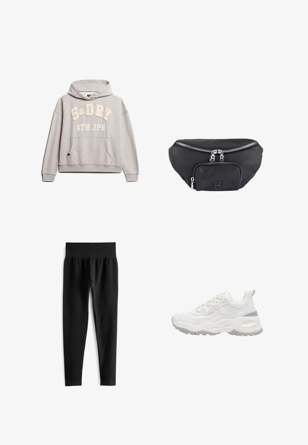 Superdry & Co ATHLETIC ESSENTIALS - Hættetrøje - grey marl; Sorte ribbede leggings med en bred elastisk talje, der har en tætsiddende silhuet og en glat tekstur. Ingen synlig hardware eller mønstre.; Hvid chunky sneaker med tekstureret sål, mesh og læder overdel, snørelukning og trækstrop på hælen mod en hvid baggrund.; Sort nylon bæltetaske med et hovedrum og en frontlomme, udstyret med sølvfarvede lynlåse og et forhøjet "B" logo.