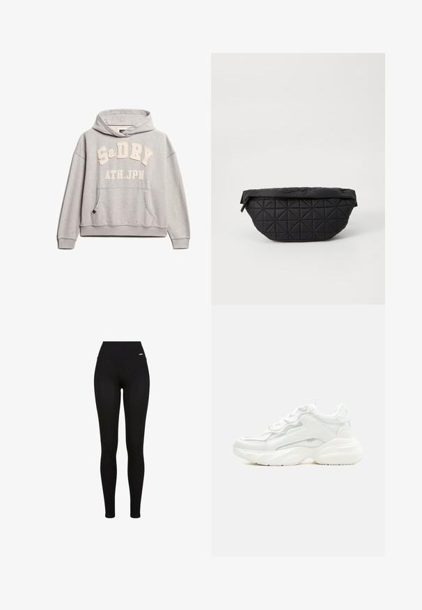 Superdry & Co ATHLETIC ESSENTIALS - Sweat à capuche - grey marl; Leggings Noirs avec une taille haute, tissu extensible, texture lisse et un design ajusté, adaptées pour un usage décontracté ou sportif.; Baskets blanches épaisses avec semelle épaisse, fermeture à lacets sur le devant et cuir synthétique lisse avec des détails subtils de couture.; Sac noir matelassé avec une texture douce et rembourrée, un motif en diamant angulaire, une silhouette arrondie et une fermeture éclair.