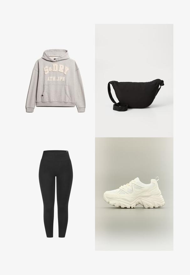 Superdry & Co ATHLETIC ESSENTIALS - Hættetrøje - grey marl; Sorte leggings med en høj elastisk talje, glat tekstur og tætsiddende design, velegnet til forskellige aktiviteter.; Hvid chunky sneaker med tyk tekstureret sål, mesh paneler, snørelukning foran og trækstrop ved hælen på en neutral baggrund.; Sort hobo taske lavet af blødt stof, med en buet form, lynlåslukning og en bred justerbar rem. Glat tekstur uden mønstre.
