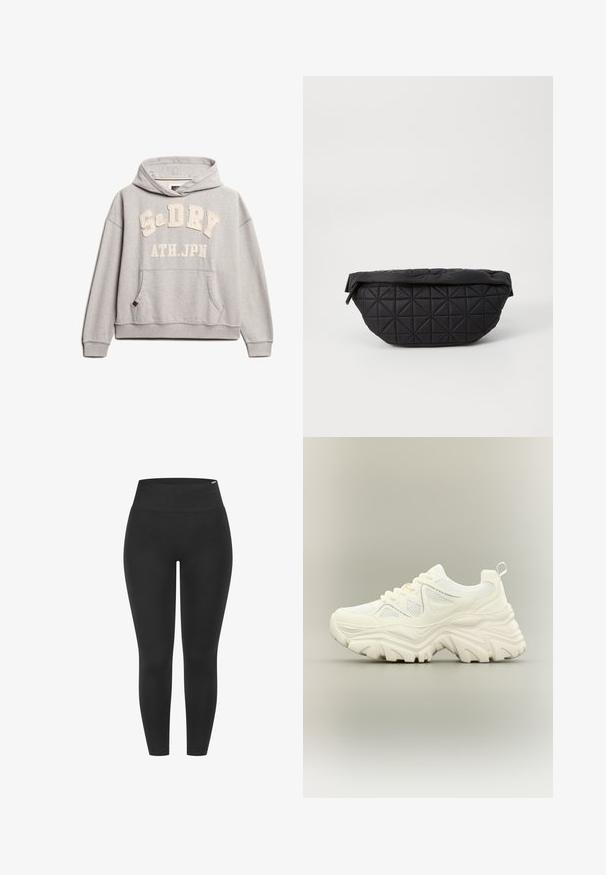 Superdry & Co ATHLETIC ESSENTIALS - Hættetrøje - grey marl; Sorte leggings med en høj elastisk talje, glat tekstur og tætsiddende design, velegnet til forskellige aktiviteter.; Hvid chunky sneaker med tyk tekstureret sål, mesh paneler, snørelukning foran og trækstrop ved hælen på en neutral baggrund.; Sort quiltet taske med en blød, polstret tekstur og et vinkelret diamantmønster, med en buet silhuet og lynlåslukning.