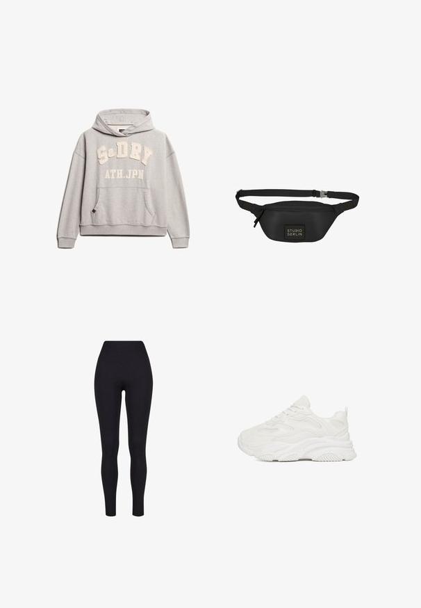 Superdry & Co ATHLETIC ESSENTIALS - Hættetrøje - grey marl; Sorte højtaljerede leggings, lavet af strækbart stof, med en glat tekstur og en tætsiddende design uden synlige sømme eller mønstre.; Chunky hvide sneakers med overdel i mesh og læder, tekstureret gummisål, rund tå og snørelukning. Har en træksløjfe bagpå.; Sort bæltetaske lavet af glat, vandafvisende materiale, med en rektangulær form, justerbar rem og en frontlogo-patch.