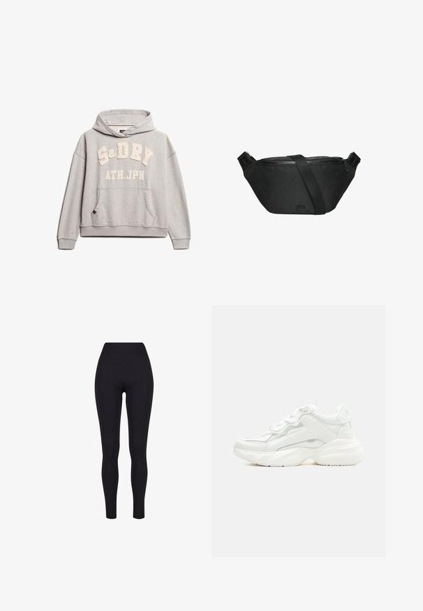 Superdry & Co ATHLETIC ESSENTIALS - Hoodie - grey marl; Zwarte high-waisted legging, gemaakt van rekbaar materiaal, met een gladde textuur en een aansluitend ontwerp zonder zichtbare naden of patronen.; Witte chunky sneaker met dikke zool, veters aan de voorkant en een glad bovenwerk van synthetisch materiaal met subtiele stikdetails.; s.Oliver Schoudertas - schwarz