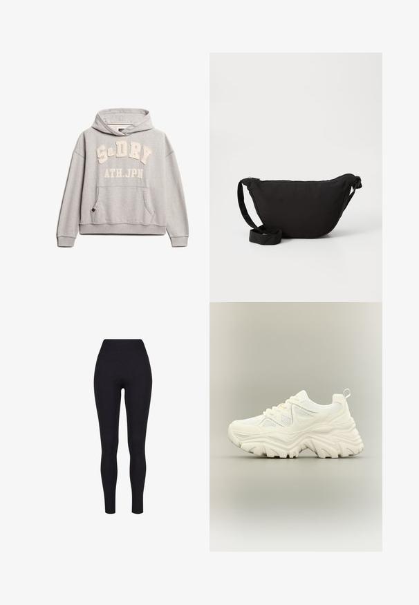Superdry & Co ATHLETIC ESSENTIALS - Hættetrøje - grey marl; Sorte højtaljerede leggings, lavet af strækbart stof, med en glat tekstur og en tætsiddende design uden synlige sømme eller mønstre.; Hvid chunky sneaker med tyk tekstureret sål, mesh paneler, snørelukning foran og trækstrop ved hælen på en neutral baggrund.; Sort hobo taske lavet af blødt stof, med en buet form, lynlåslukning og en bred justerbar rem. Glat tekstur uden mønstre.