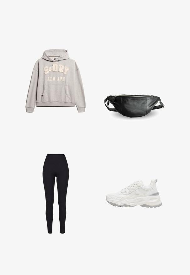 Superdry & Co ATHLETIC ESSENTIALS - Sweat à capuche - grey marl; Leggings noirs taille haute, fabriqués à partir d'un tissu extensible, présentant une texture lisse et un design ajusté sans coutures ni motifs visibles.; Baskets blanches épaisses avec semelle texturée, tige en mesh et cuir, fermeture à lacets et languette au talon sur fond blanc.; Still Nordic BASIC - Sac banane - black