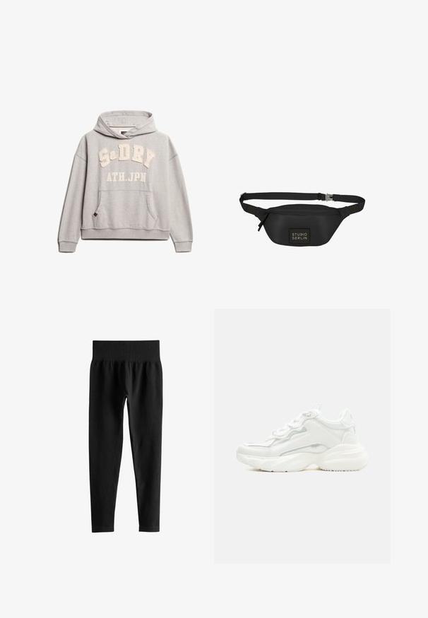 Superdry & Co ATHLETIC ESSENTIALS - Hoodie - grey marl; Zwarte geribbelde leggings met hoge taille en brede elastische tailleband, smalle pasvorm over de volledige lengte, zonder zichtbare logo’s of patronen.; Witte chunky sneaker met dikke zool, veters aan de voorkant en een glad bovenwerk van synthetisch materiaal met subtiele stikdetails.; Zwarte heuptas van soepel, waterafstotend materiaal, met een rechthoekig lichaam, verstelbare schouderband en een logo-opdruk aan de voorkant.