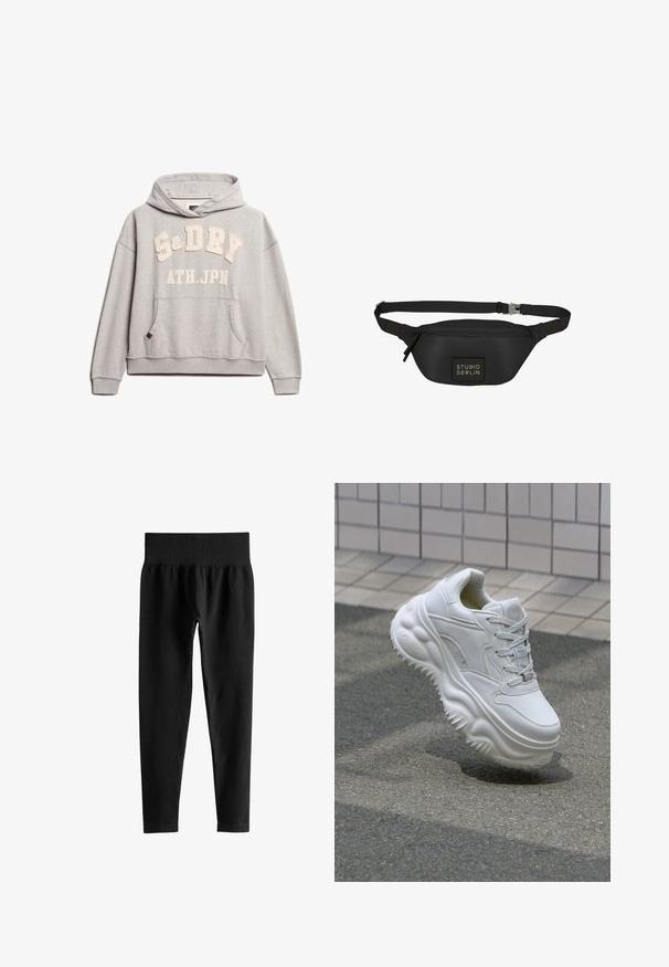 Superdry & Co ATHLETIC ESSENTIALS - Hættetrøje - grey marl; Sorte ribstrikkede leggings med høj talje, bred elastisk talje og slanke ben i fuld længde på hvid baggrund.; Hvide lædersneakers med en kraftig sål, teksturerede detaljer og snørelukning. Har formede accenter og en glat finish.; Sort bæltetaske lavet af glat, vandafvisende materiale, med en rektangulær form, justerbar rem og en frontlogo-patch.