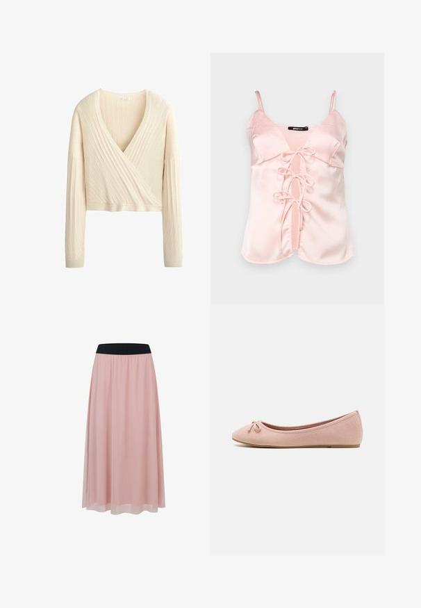 Pull court à manches longues en maille côtelée couleur crème, style cache-cœur avec un décolleté profond en V et une texture douce.; Camisole en satin rose avec des bretelles spaghetti réglables, dotée d'une fermeture à nouer à l'avant avec des anses et d'un décolleté en V. Texture lisse et lignes épurées.; Jupe rose longueur cheville avec une couche extérieure transparente et une large ceinture élastique noire.; Des ballerines en suede rose doux avec un bout arrondi et un petit nœud sur le devant, dotées d'une semelle plate basse.