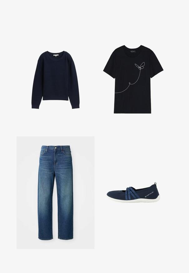 Marineblauer Strickpullover mit lockerer Passform, weitem Rundhalsausschnitt und gerippten Bündchen. Mit einem strukturierten Muster über den gesamten Stoff.; Schwarzes Baumwoll-T-Shirt mit kurzen Ärmeln, das auf der Vorderseite eine weiße Linienzeichnung eines Schmetterlings und ein Spiralmuster zeigt. Runder Ausschnitt.; Blaue Jeans aus Denim, weit geschnitten, mittelhoher Bund, dezente Ausbleichungen, im fünf-Taschen-Stil, mit Knopf- und Reißverschluss, gerader Saum.; Marineblauer Slip-On-Sneaker mit weißer Sohle, elastischen Kreuzriemen, gestricktem Obermaterial und "Tom Tailor"-Logo an der Seite.