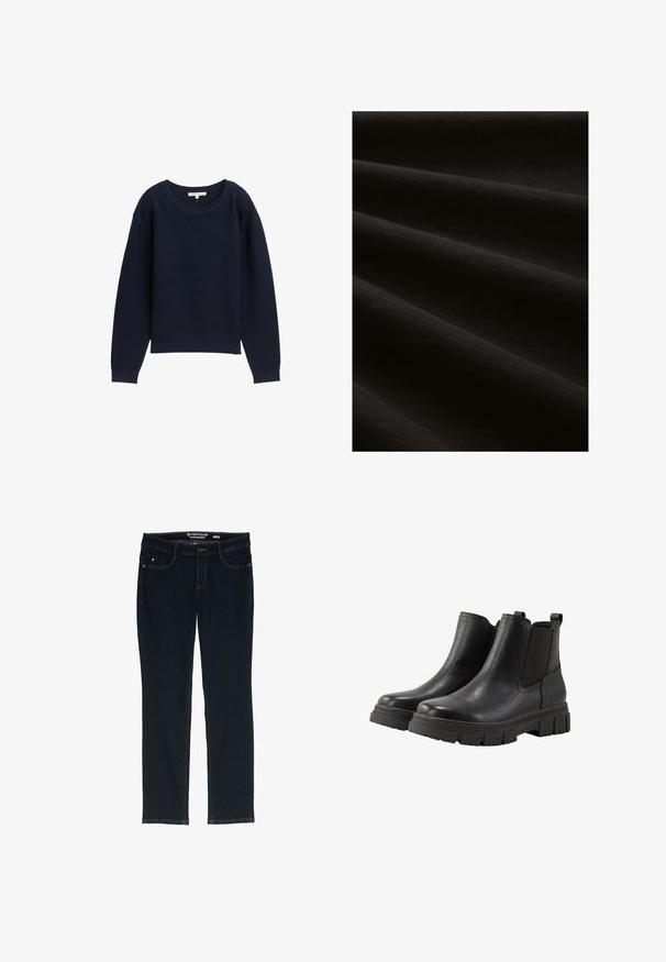 Suéter de punto azul marino con un corte relajado, cuello redondo amplio y puños acanalados. Presenta un patrón texturizado en toda la tela.; Tela negra con una textura suave, que presenta pliegues distintivos y un acabado mate. El material parece ligero y suave.; Vaqueros de pierna recta de color azul oscuro hechos de Denim. Presentan cinco bolsillos, costuras contrastantes en naranja y una etiqueta en la cintura con el nombre de la marca.; TOM TAILOR Botines bajos - black