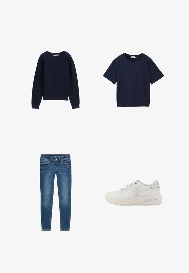 Tumesinine kudumine särk, millel on lõtv istuvus, lai ümmargune kaelus ja ribadest mansetid. Omab kogu kangas tekstuurset mustrit.; TOM TAILOR DENIM Lihtne T-särk - sky captain blue; Sinine denimist kitsas püksid, millel on sile tekstuur, viie tasku disain, vaskne nupukate detail ja kontrastne oranž õmblus.; Valge tennisejalanõu pehme nahast pealsega, hõbedased detailid kontsas ja tekstureeritud tallaga. Küljel on ümmargune logo ja paeltega kinnituse disain.