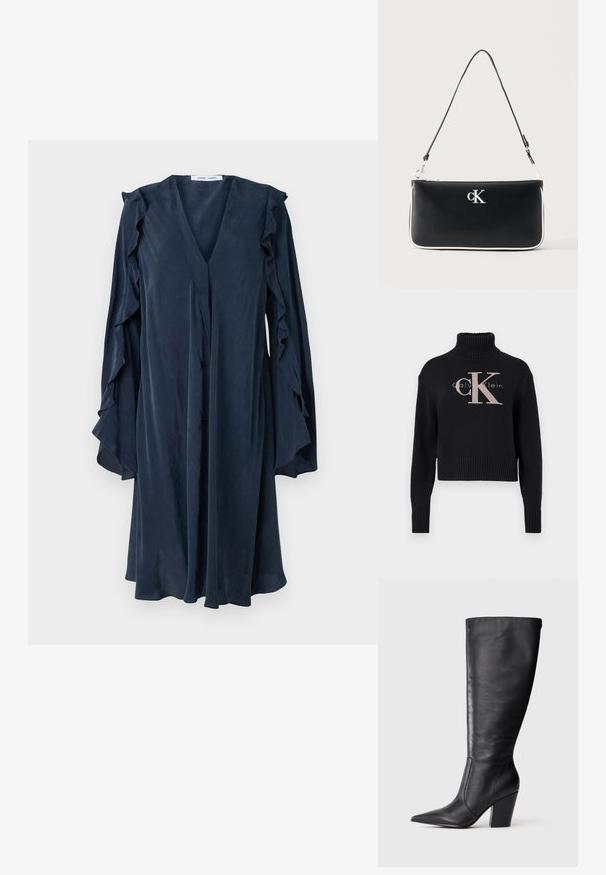 Marineblauwe crop trui met een geribbelde turtleneck, voorzien van een lichtroze geborduurd 'CK' logo en 'calvin klein' tekst. Glad brei-textuur.; Navy blauwe jurk met een V-hals en rimpel mouwen. Gemaakt van lichte stof, met vier knopen en een vloeiende silhouet.; Zwarte leren kniehoge laars met puntige neus en chunky hoge hak, getoond in zijaanzicht aan de linkerkant op een witte achtergrond.; Zwarte rechthoekige handtas met witte bies, zilveren rits, enkele zwarte schouderriem en wit "cK"-logo middenvoor.