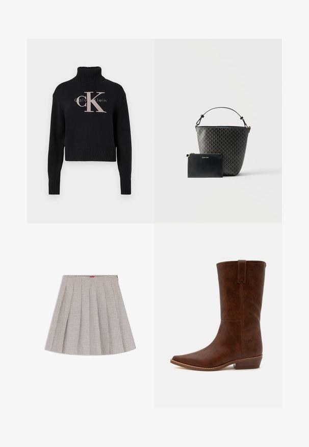 Tumesinine lühike kampsun, ribaga kaelusega, millel on hele roosa tikitud 'CK' logo ja 'calvin klein' tekst. Sile kudumise tekstuur.; Beež ja pruun ruuduline volditud seelik külgse lukuga, põlveni pikk, esitatud lamedana valgel taustal.; Poolpikk pruun nahast kauboisaabas nelinurkse varbaküljega, külgpöördemehe ja madala puidust kandaga valgel taustal.; Must kott heleroosa geomeetrilise mustriga ja sobiva musta kotiga kuldse tõmblukuga ning Calvin Kleini logoga, valgel taustal.