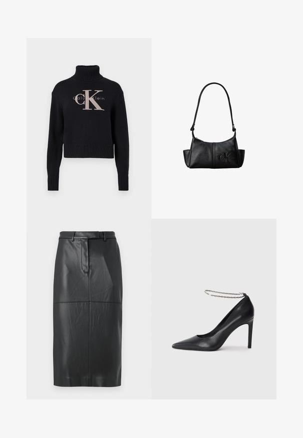 Marineblauwe crop trui met een geribbelde turtleneck, voorzien van een lichtroze geborduurd 'CK' logo en 'calvin klein' tekst. Glad brei-textuur.; Zwarte faux leren kokerrok met riemlussen, voornaad en verborgen sluiting, knielengte met een gladde afwerking.; Zwarte leren hoge hak pump met een spitse neus, voorzien van een dunne zilveren ketting enkelband en een strakke, gladde textuur.; Zwarte leren schoudertas met lange band, zijvakjes en een reliëflogo van Calvin Klein aan de voorkant.