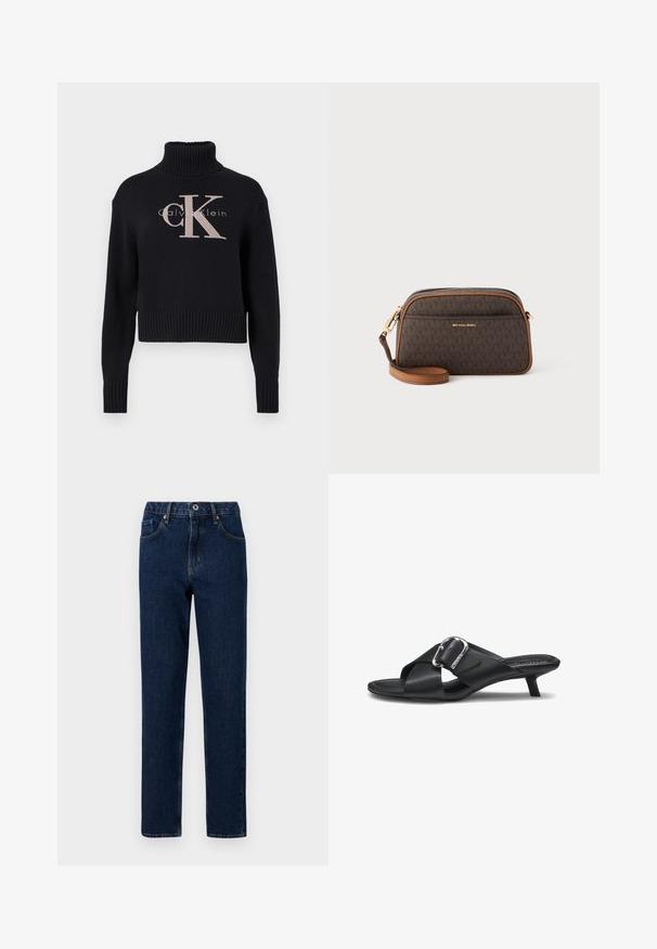 Marineblauwe crop trui met een geribbelde turtleneck, voorzien van een lichtroze geborduurd 'CK' logo en 'calvin klein' tekst. Glad brei-textuur.; Donkerblauwe spijkerbroek met een rechte pijp, met een tailleband met een elastisch gedeelte, frontzakken en minimale stikdetails.; Zwarte leren sandalen met een lage kittenhak, brede gekruiste banden en een grote zilveren gespsluiting aan de zijkant.; Bruine schoudertas met een monogram patroon, tan accenten, gouden hardware, een ritssluiting en een verstelbare leren schouderband.