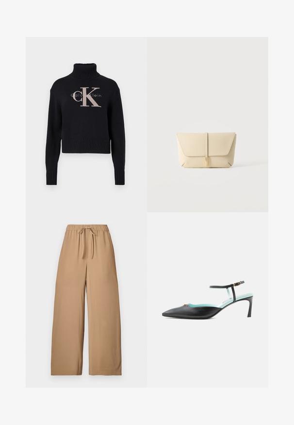 Tumesinine lühike kampsun, ribaga kaelusega, millel on hele roosa tikitud 'CK' logo ja 'calvin klein' tekst. Sile kudumise tekstuur.; Laiade lõikega püksid heledas pruunis toonis, valmistatud siledast materjalist. Omavad elastset vöökohahästi reguleeritava paelaga.; Must sileda ninaga kontsakinga kingadega, millel on pahkluu rihm, kuldne pandlaga ja hele sinine sisevooder, näidatud küljelt valgel taustal.; Beež nahast käekott esiklapi ja vertikaalse rihmakinnitusega, lihtsa heleda tausta ees.