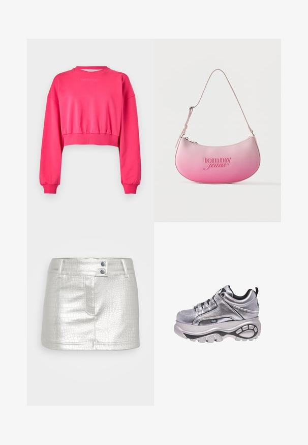 Lyserød cropped sweatshirt med lange ærmer og ribbede manchetter. Har en rund udskæring og minimal branding på brystet.; Sølvfarvet, kunstlæder nederdel med et tekstureret krokodillemønster, der har to blå knapdetaljer og en tætsiddende pasform.; Metalliske sølvfarvede platformsneakers med rund form, sorte accenter, tyk sål og snørebånd, med struktureret overdel og logodetalje.; Lyserød gradient skuldertaske med buet form, justerbar rem og "tommy jeans" præget på fronten.