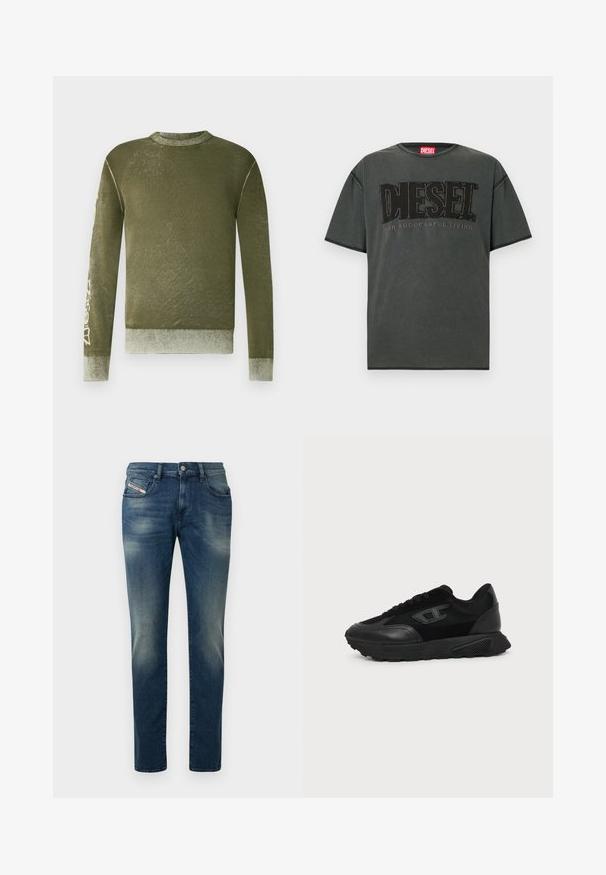 Pull à manches longues vert olive avec poignets et ourlet côtelés, texture subtilement délavée, et texte graphique de couleur claire sur la manche droite.; T-shirt à manches courtes gris foncé en coton. Présente un grand logo DIESEL noir et le texte "FOR SUCCESSFUL LIVING" dans un design contrastant.; Jean en denim bleu foncé avec un effet délavé, coupe droite et genou légèrement usé. Comprend des poches avant et une fermeture par bouton en métal.; Baskets basses noires avec semelle texturée, dessus en mesh et cuir, fermeture à lacets devant, et petit logo embossé sur le panneau latéral.