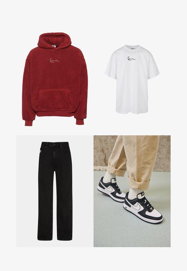 Rød fleece hoodie med en tekstureret overflade, en frontlomme og en hætte med snørebånd. Har et guldbroderet logo på brystet.; Hvid t-shirt med korte ærmer og rund halsudskæring med sort kursivtekst "Karim" centreret på brystet.; Sorte denim jeans med lige ben, der har forlommer, lukning med knap og en diskret logo-patch på taljen.; Sorte og hvide Nike Air Force 1 sneakers med læderoverdel, perforeret tå og tekstureret såldetalje, båret med rullede beige bukser og hvide sokker.