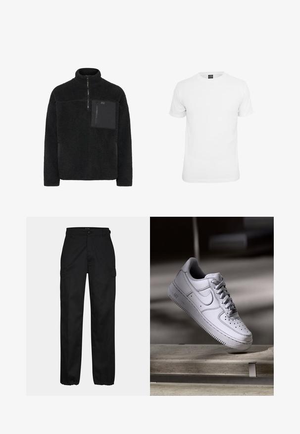 Pull en polaire noir avec un col haut, fermeture éclair quart sur le devant et une poche poitrine en matériau contrastant. Surface texturée et douce.; T-shirt blanche à manches courtes, en coton, avec un col rond et une texture lisse, conçue pour un usage décontracté.; Pantalons cargo noirs avec une coupe droite, dotés de poches latérales, d'une fermeture à bouton et de poignets élastiques aux chevilles. Fabriqués en tissu résistant.; La basket Nike Air Force 1 en cuir blanc présente un embout perforé, des lacets plats et une semelle en caoutchouc texturée avec le logo « AIR » sur le côté.