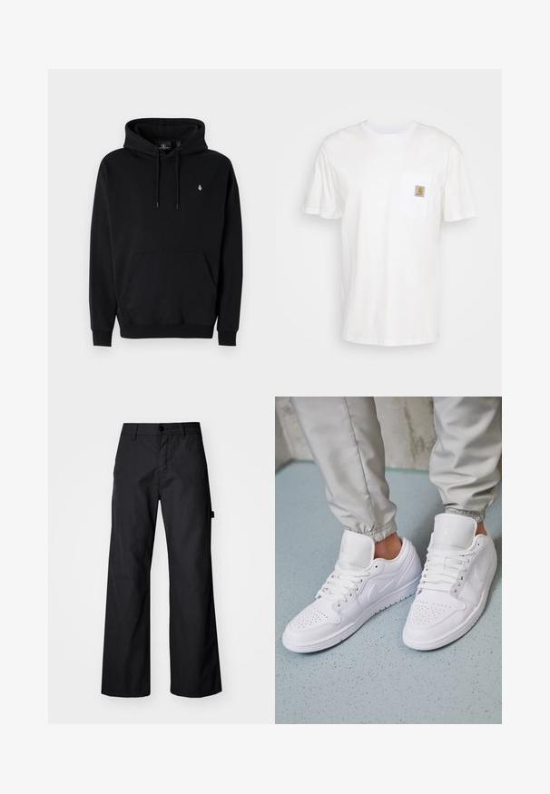 Μαύρη hoodie φτιαγμένη από μίγμα βαμβακιού με κασετίνα, κουκούλα με κορδόνι, ribbed μανσέτες και ένα μικρό λογότυπο στο αριστερό στήθος.; Λευκό βαμβακερό T-shirt με κοντά μανίκια, τσέπη στο στήθος και ένα μικρό τετράγωνο λογότυπο σε πορτοκαλί και λευκό στην τσέπη.; Μαύροι παντελόνια με φαρδιά πόδια φτιαγμένα από ανθεκτικό ύφασμα. Διαθέτουν κλείσιμο με κουμπί και πλαϊνές τσέπες. Λείο υλικό με καθαρή σχεδίαση.; Λευκά δερμάτινα αθλητικά παπούτσια με περφοραρισμένο μπροστινό μέρος, επίπεδα κορδόνια, μαλακή επένδυση στον αστράγαλο και το λογότυπο Jordan στην γλώσσα. Φοριούνται με γκρι φόρμες.