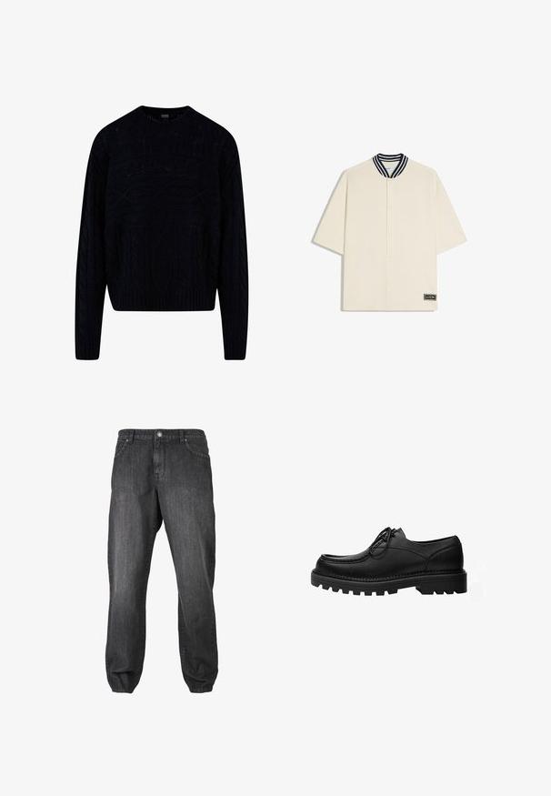Sort strikket sweater med et tekstureret kabeldesign, rund halsudskæring samt ribkantede manchetter og kant. Kortere længde med en afslappet pasform.; Off-white kortærmet skjorte med trykknapper, sort-hvid stribet krave og lille rektangulært sort logo-patch ved kanten.; Mørkegrå denimjeans med en afslappet pasform, der har sidelommer, knaplukning og smalle manchetter ved anklerne. Struktureret stof.; Sort læder snøresko med tyk, robust sål og detaljerede syninger på oversiden, designet til formelt eller afslappet brug.