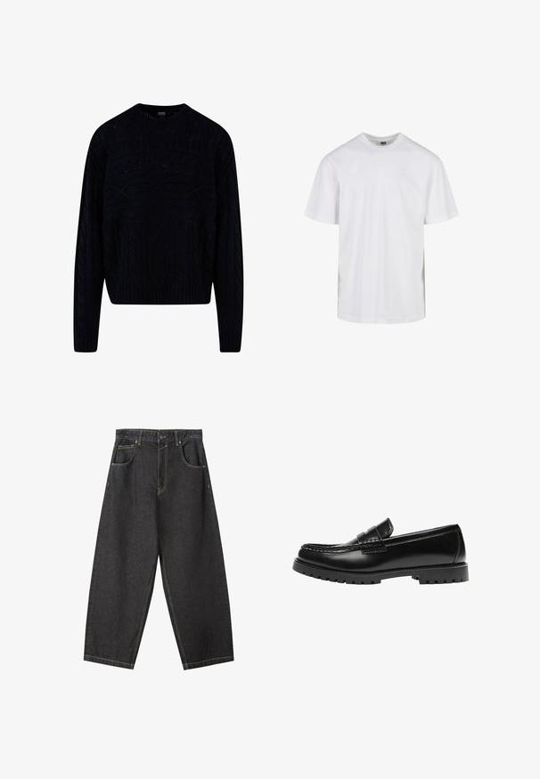 Sort strikket sweater med et tekstureret kabeldesign, rund halsudskæring samt ribkantede manchetter og kant. Kortere længde med en afslappet pasform.; Plain hvid T-shirt med korte ærmer og rund hals med løs pasform, vist mod en hvid baggrund.; Sorte denim brede bukser med gule sømme, fem-lomme-design og en mid-rise talje. Struktureret stof med en glat overflade.; Sort læderloafer med en kraftig gummisål og klassiske penny-strap detaljer, vist fra ydersiden.