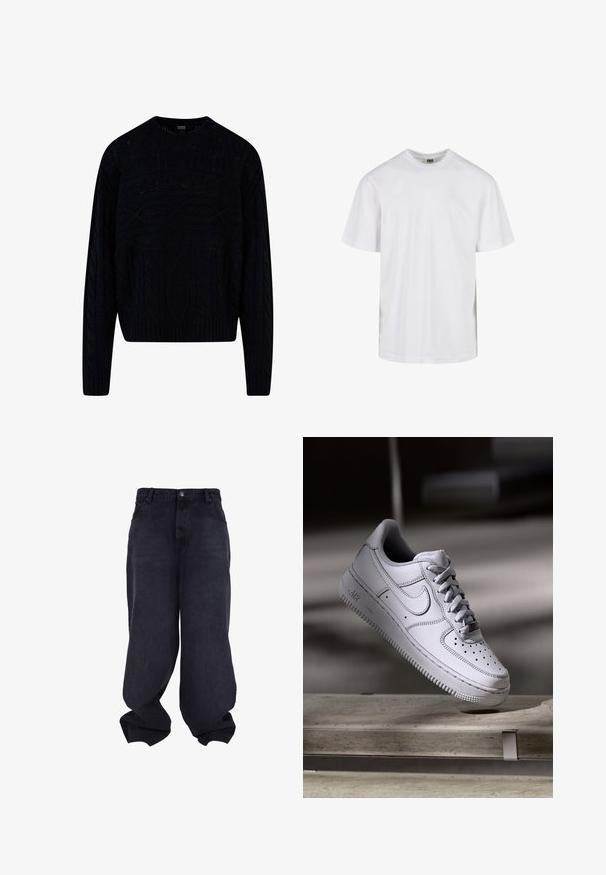 Pull noir en tricot avec un design de câble texturé, col rond, et poignets et ourlet côtelés. Longueur plus courte avec une coupe décontractée.; T-shirt blanc uni à manches courtes avec col rond et coupe décontractée, présenté sur fond blanc.; Jeans baggy noirs oversize avec fermeture avant à boutons et fermeture éclair, poches avant et jambes larges et amples.; La basket Nike Air Force 1 en cuir blanc présente un embout perforé, des lacets plats et une semelle en caoutchouc texturée avec le logo « AIR » sur le côté.