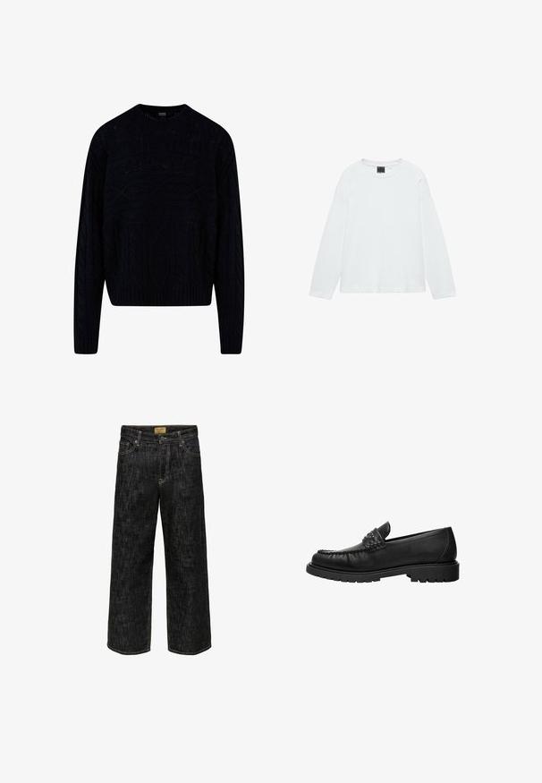 Sort strikket sweater med et tekstureret kabeldesign, rund halsudskæring samt ribkantede manchetter og kant. Kortere længde med en afslappet pasform.; Hvid langærmet rundhals T-shirt med lige kant og sort størrelseslabel inde i kraven.; Sorte vidde bukser med en falmet struktur, der har et traditionelt design med fem lommer, øverste knap- og lynlåslukning samt kontrasterende syninger.; Sort læderloafer med syninger på toppen, nitter på remmen og tyk gummisål, vist i profil på hvid baggrund.