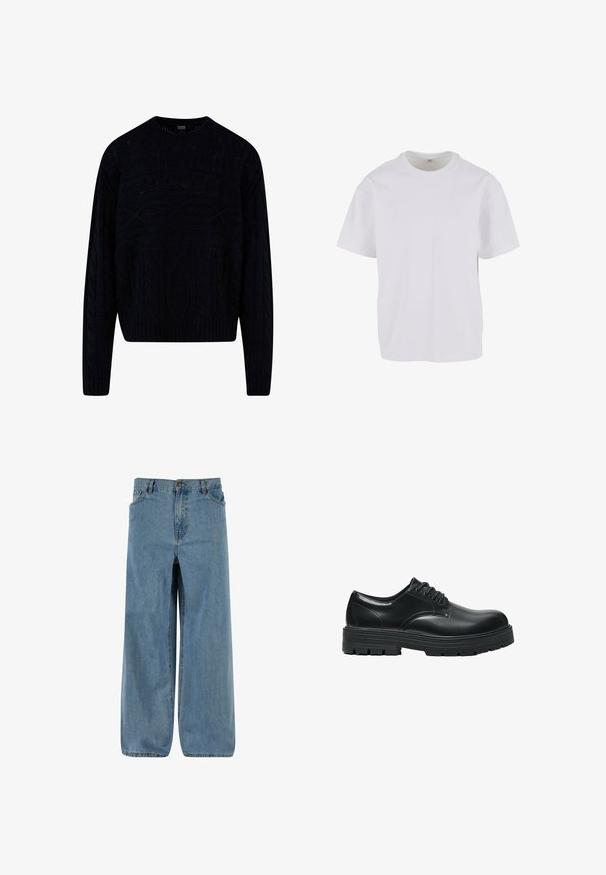 Pull noir en tricot avec un design de câble texturé, col rond, et poignets et ourlet côtelés. Longueur plus courte avec une coupe décontractée.; T-shirt blanc à manches courtes en coton doux, avec un col rond et une coupe décontractée à ourlet droit. Aucun motif ni accent visible.; Pantalons en denim à jambes larges en bleu clair. Comprend une fermeture à bouton et à zip, cinq poches et une texture délavée pour un look classique.; Chaussure en cuir noir à lacets avec une semelle épaisse rainurée et un bout arrondi, vue de profil sur fond blanc.