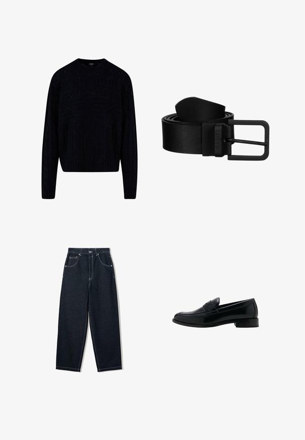 Sort strikket sweater med et tekstureret kabeldesign, rund halsudskæring samt ribkantede manchetter og kant. Kortere længde med en afslappet pasform.; Mørke indigo straight-leg jeans med hvide kontrastsømme, fem-lomme-design og metalknaplukning ved taljen.; Sort læderloafer med lav hæl, rundet tå og en klassisk penny-stropdetalje på vampen.; Sort læderbælte med en glat tekstur, der har en enkel sort metalspænde og et brandet logo. Bæltet er snoet.