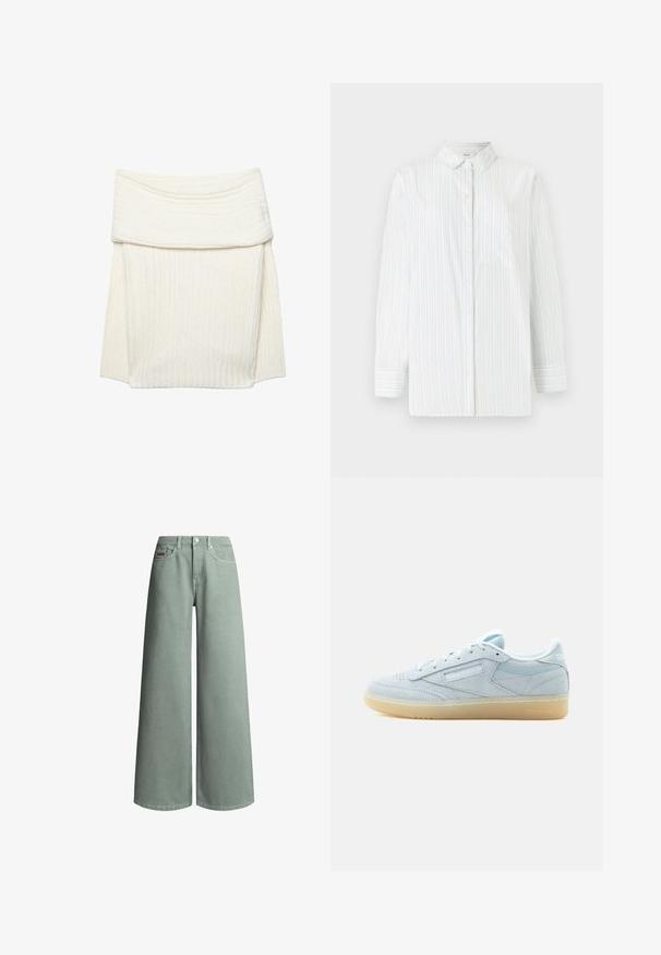 Jupe crème en tricot côtelé avec une large ceinture rabattable, présentant une texture douce et une légère élasticité pour le confort.; Chemise blanche à manches longues avec des rayures verticales bleues claires. Dotée d'un col pointu, d'une poche frontale et d'une fermeture à boutons. Texture lisse.; Jean en denim gris clair à jambes larges, taille haute, fermeture avant par bouton et fermeture éclair, avec petit logo de marque rouge près de la poche gauche.; Baskets basses en daim bleu clair avec lacets blancs et semelle en gomme, profil droit visible sur fond blanc uni.