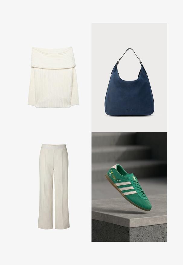 Jupe crème en tricot côtelé avec une large ceinture rabattable, présentant une texture douce et une légère élasticité pour le confort.; Pantalon large couleur crème avec fines rayures verticales et taille élastique, conçu pour une coupe décontractée.; Baskets vertes avec trois rayures blanches, accents floraux, dessus texturé et languette rose au talon. Semelle extérieure en caoutchouc pour une meilleure adhérence.; Sac à bandoulière en cuir bleu marine avec une texture lisse, une forme incurvée et une sangle unique réglable. Présente un petit logo en bas.