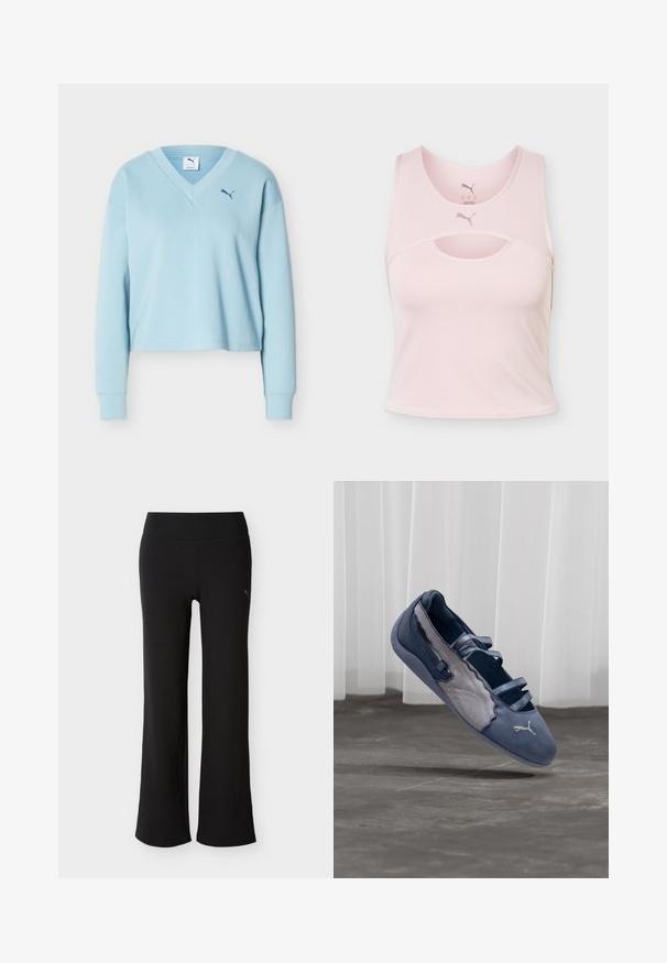 Sweat-shirt court à manches longues bleu clair avec col en V et petit logo Puma bleu foncé sur la poitrine gauche.; Crop top de sport sans manches rose clair avec encolure arrondie, détail découpé et logo Puma au centre devant et à l’intérieur du col.; Pantalon large noir avec taille élastique et logo Puma subtil sur la partie supérieure de la cuisse gauche, présenté sur fond blanc.; Chaussure plate Puma bleue et grise avec trois brides élastiques, panneau latéral texturé, et logo Puma blanc, en suspension au-dessus d'un sol en béton.