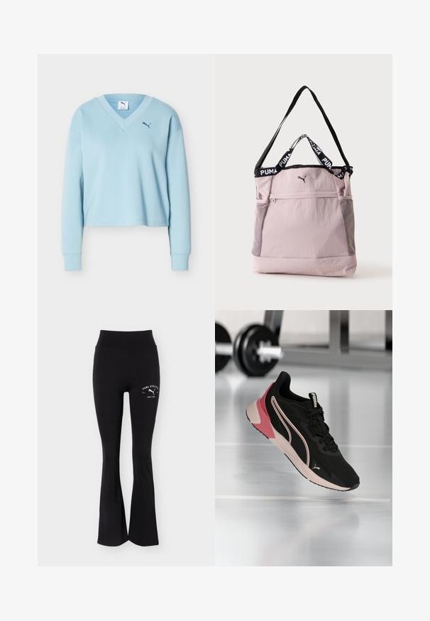 Sweat-shirt court à manches longues bleu clair avec col en V et petit logo Puma bleu foncé sur la poitrine gauche.; Pantalon de sport noir évasé avec taille haute et logo blanc Puma Athletics sur la partie supérieure de la cuisse.; Chaussure de course Puma noire et rose suspendue au-dessus d'un sol de gym réfléchissant, avec des haltères flous en arrière-plan.; Sac fourre-tout Puma rose clair avec bandoulière noire, poignées courtes avec logo Puma, poche avant zippée et poches latérales en mesh.