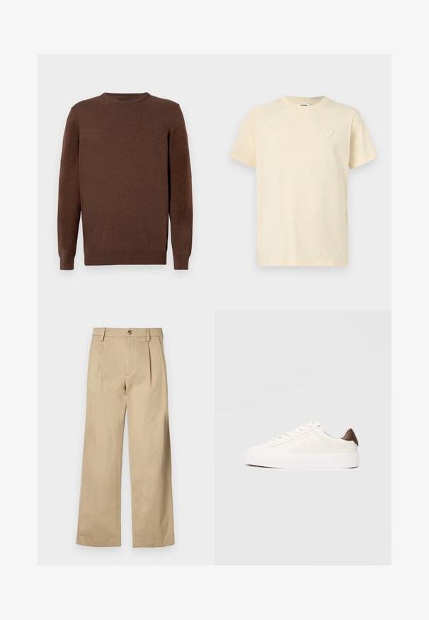 Pull en laine marron à manches longues avec col rond, doté de poignets et d'un ourlet côtelés, avec un petit logo brodé discret sur la poitrine gauche.; T-shirt à manches courtes de couleur crème avec encolure ronde et petit détail de cœur brodé sur le côté gauche de la poitrine.; Pantalon beige taille haute avec plis, passants de ceinture, fermeture par bouton et jambes larges droites sur fond blanc.; Baskets basses blanches avec un design à lacets et une languette marron au talon sur un fond clair uni.