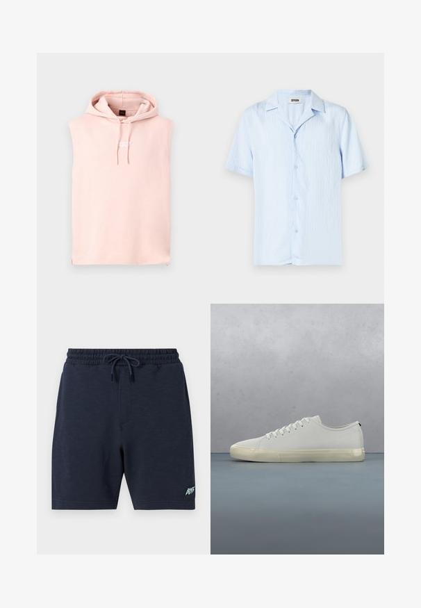 Sweat à capuche sans manches rose clair avec cordons à l'avant et petit texte brodé au centre de la poitrine sur fond gris uni.; Chemise bleu clair à manches courtes avec un tissu texturé, fermeture boutonnée à l'avant et col cranté. Présente une coupe décontractée et un tombé souple.; Short bleu marine pour homme avec taille élastique et cordon, avec petit logo "BOSS" sur la partie inférieure de la jambe gauche.; Baskets en cuir blanc avec lacets flottant au-dessus de carreaux en bois carrés et de petits cailloux, avec un arbre et un fond gris.